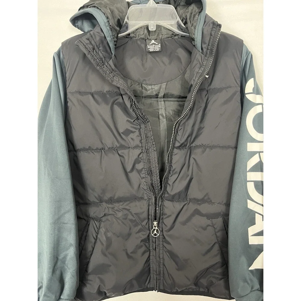Jordan Puffer Jacket Youth L 12-13 Black Teal Blue Hooded Full Zip Jumpman
